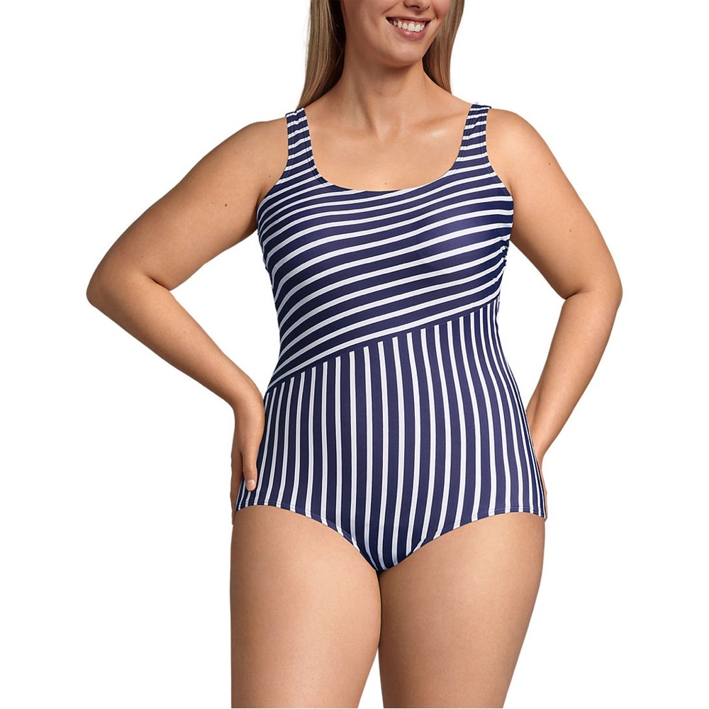 Lands' End Women's Navy and White One-Piece Swimsuit